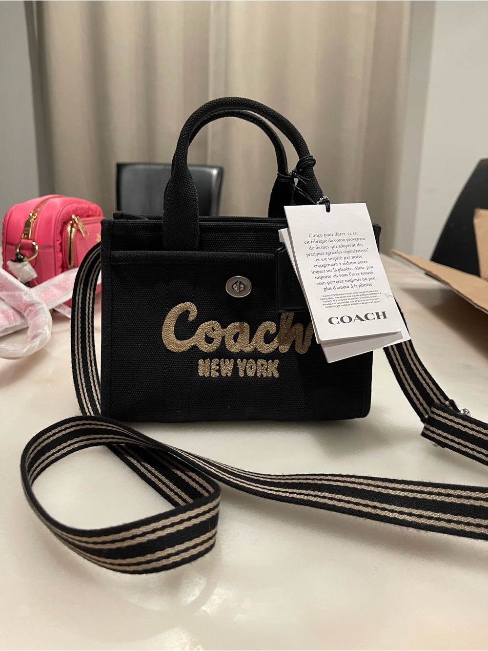 Coach Black Canvas Mini Tote Crossbody with Beige Logo
